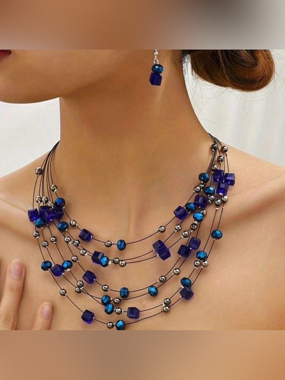 Multi-Strand Navy and Cobalt Beaded Necklace with Matching Earring